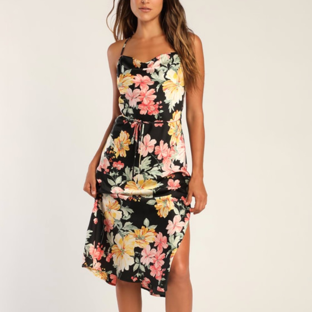 Lulus Romantic Wishes Satin Midi Cowl Neck Floral Dress